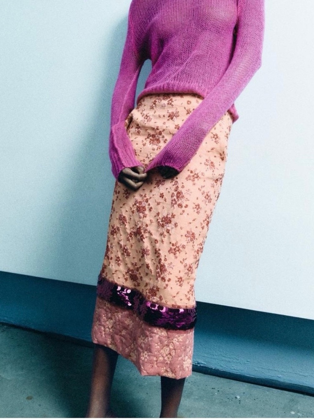 Zara Pink Floral Midi Skirt with Magenta Sequin Band